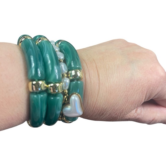 Vintage Green Resin Bamboo Beads Bracelets Set - Picture 3 of 6